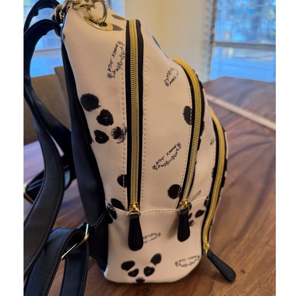 Betsey Johnson Panda Print Mini Backpack White Black Gold Chain Handle Floral